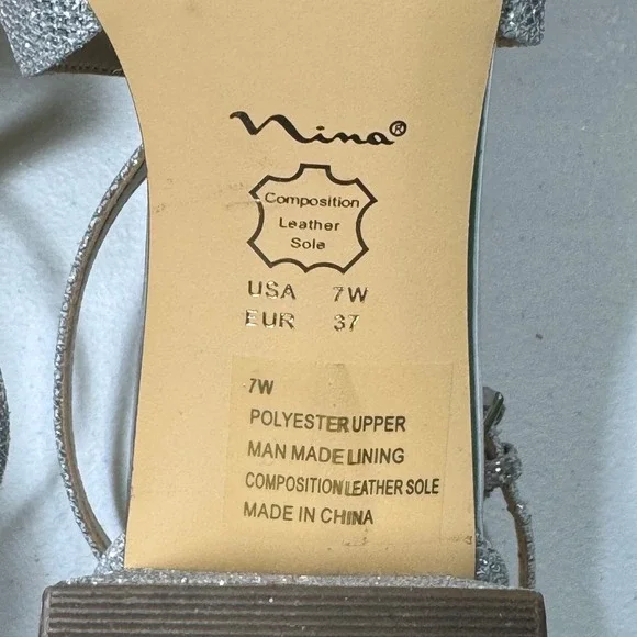 Nina Women's Silver Glitter Block Heel Sandals Sparkle Ankle Strap Shoes 7W - Picture 6 of 6